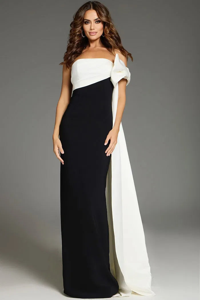 Strapless Evening Dress with Contrast Panel, Draped Cape and Column Silhouette