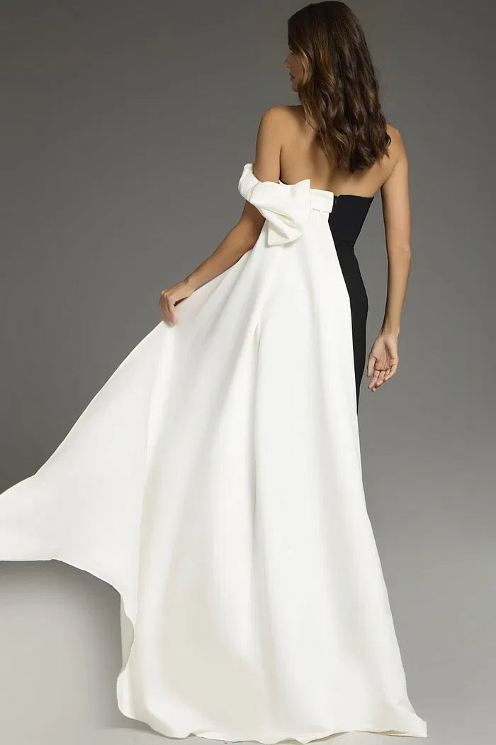 Strapless Evening Dress with Contrast Panel, Draped Cape and Column Silhouette