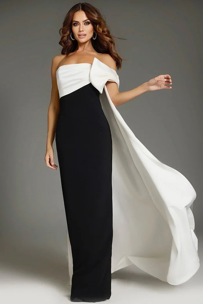 Strapless Evening Dress with Contrast Panel, Draped Cape and Column Silhouette