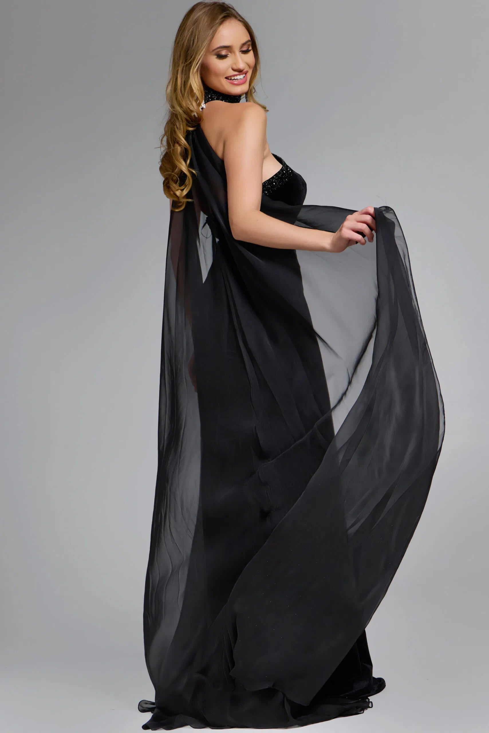 Strapless Evening Dress with Velvet Bodice, Beaded Trim, Sheer Cape Overlay and High Slit