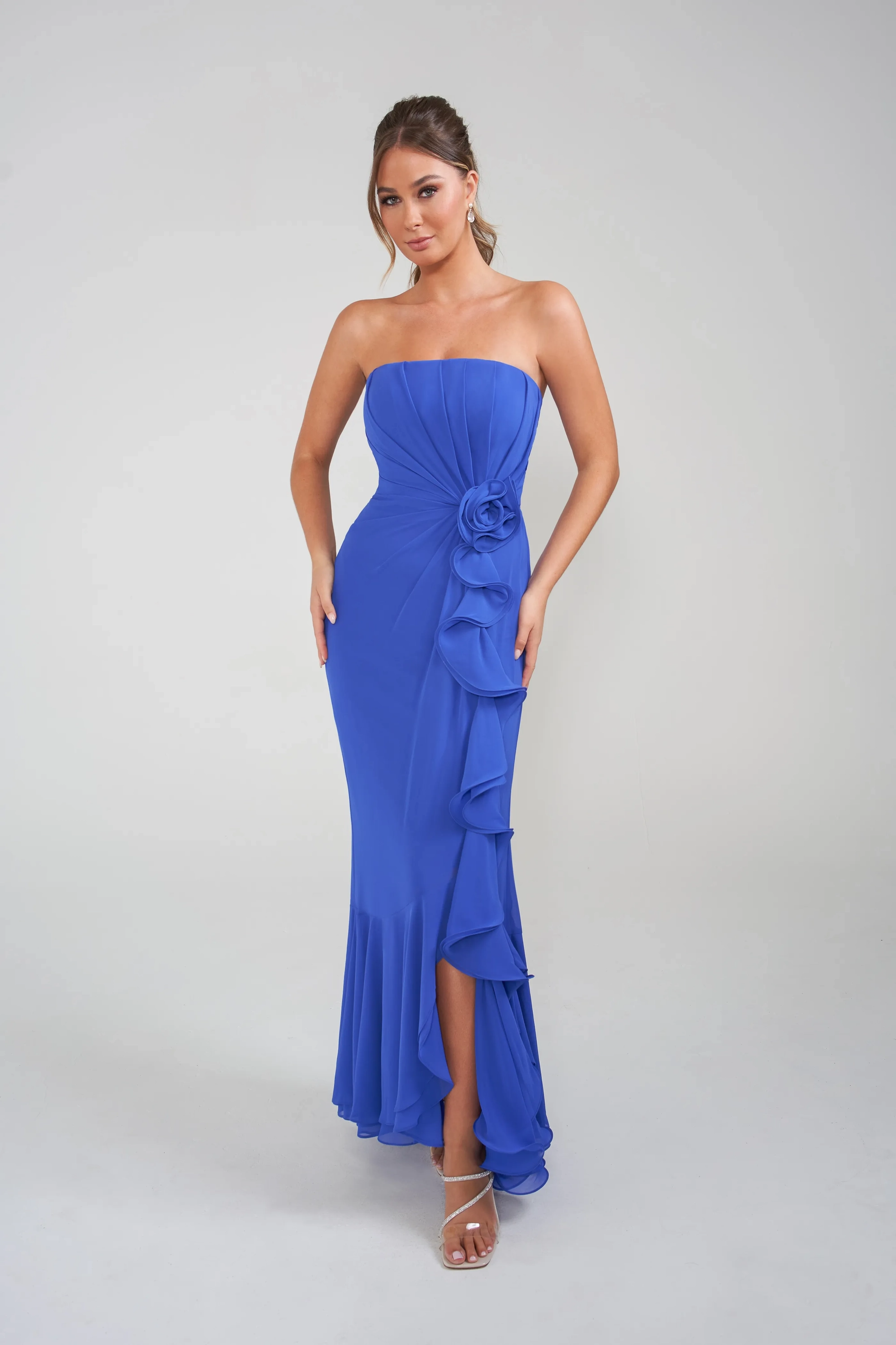 Strapless Floral Appliqué Ruffle High Slit Chiffon Mermaid Mother of the Bride Dresses