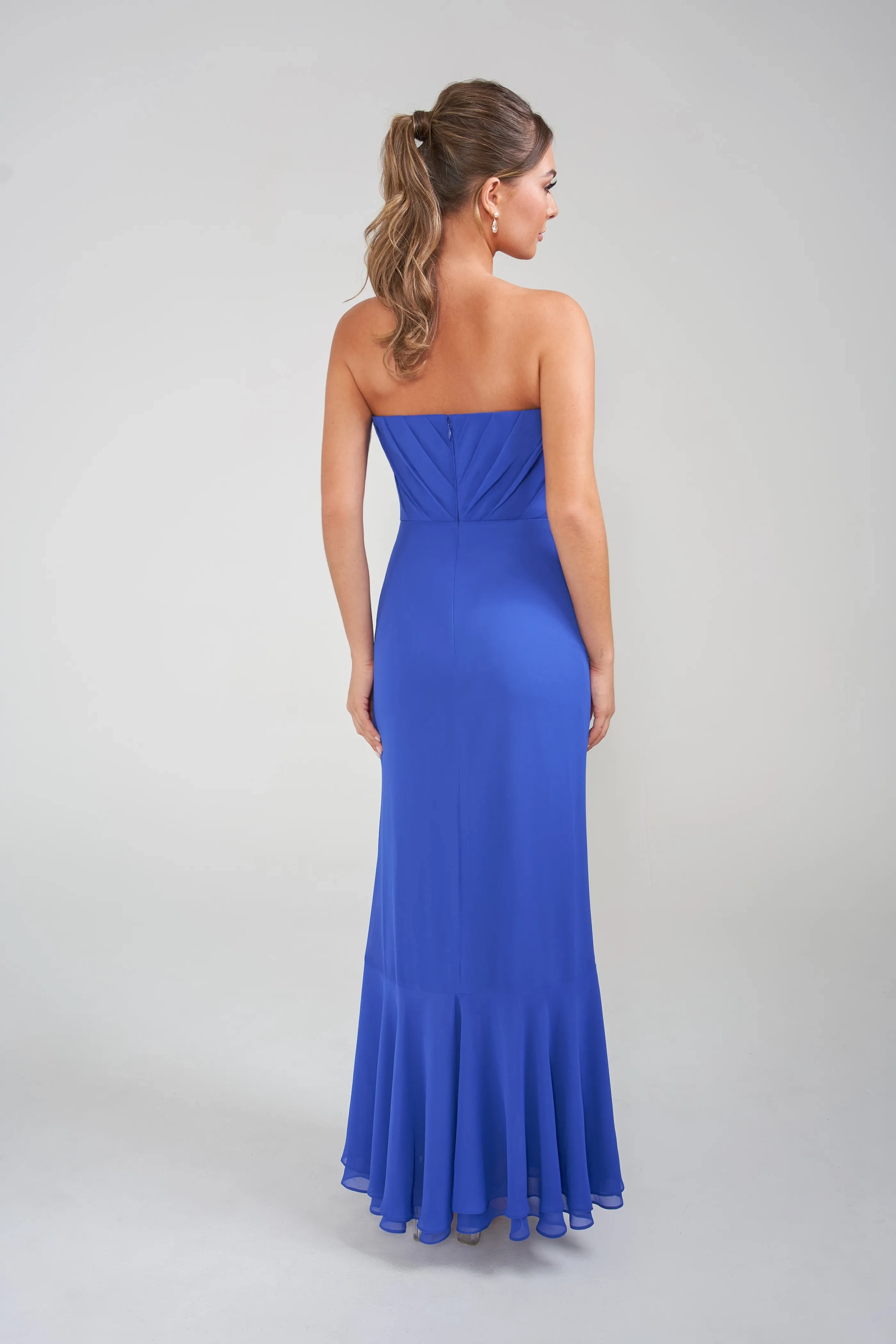 Strapless Floral Appliqué Ruffle High Slit Chiffon Mermaid Mother of the Bride Dresses