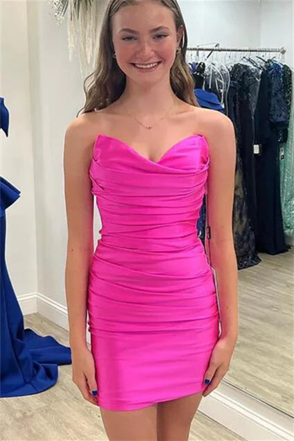 Strapless Fuchsia Ruched Bodycon Short Unique Design Full Of Charm Prom Dresses