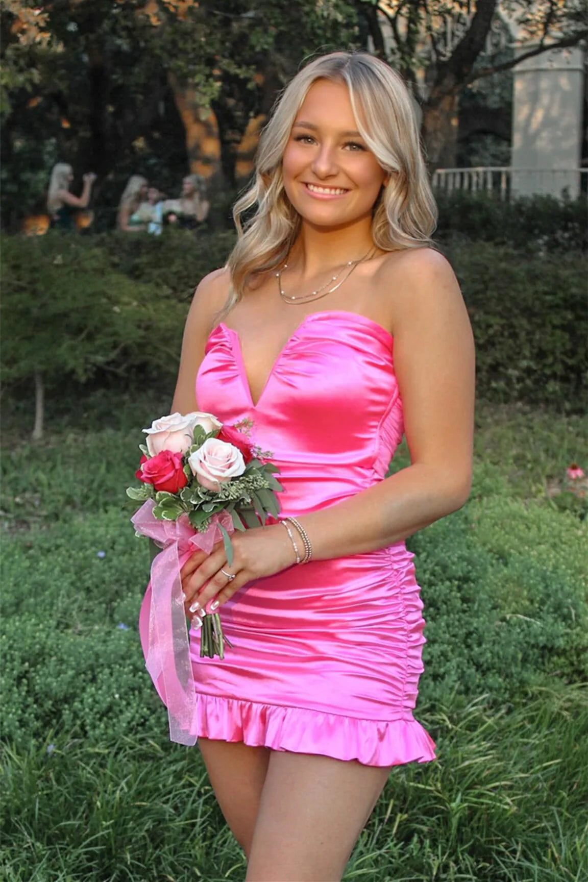 Strapless Hot Pink Ruched Bodycon Short Unique Design Full Of Charm Homecoming Dresses