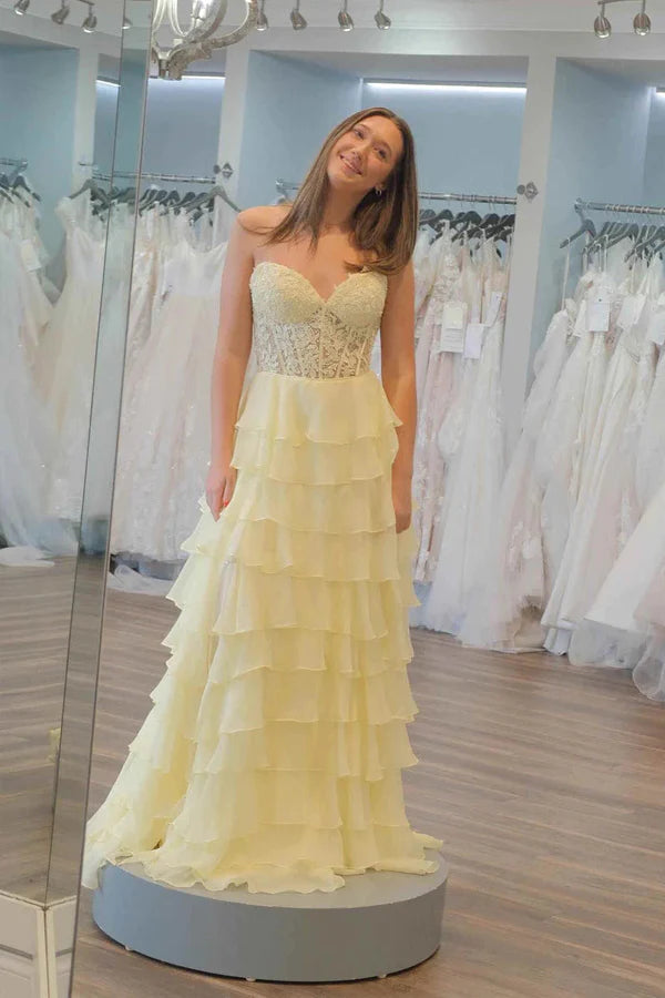 Strapless Lace Corset Tiered Chiffon Sweetheart Neck Evening Dresses