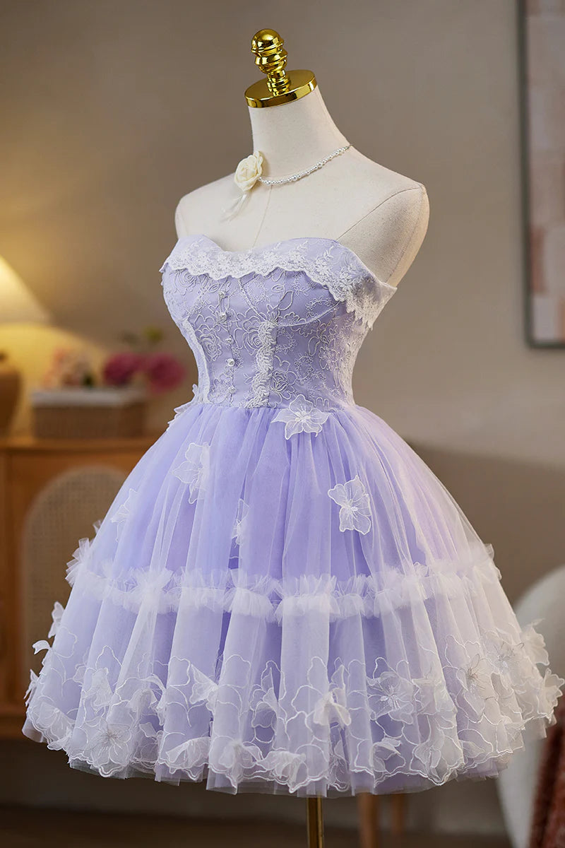 Strapless Lilac 3D Floral A-line Short Unique Design Full Of Charm Homecoming Dresses