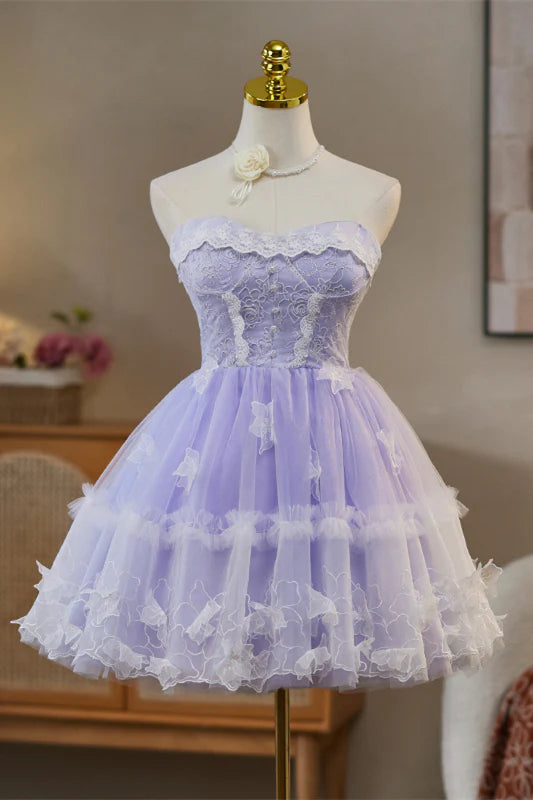 Strapless Lilac 3D Floral A-line Short Unique Design Full Of Charm Homecoming Dresses