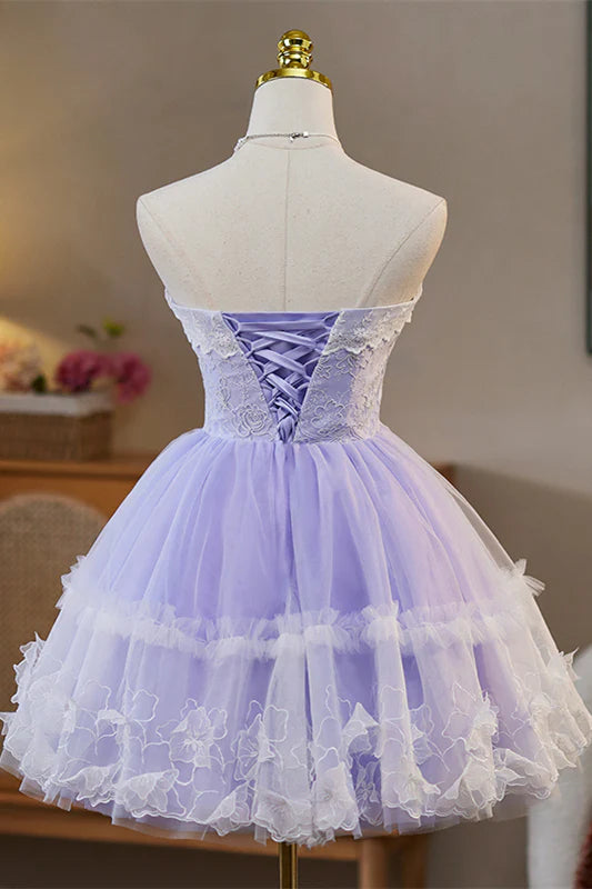 Strapless Lilac 3D Floral A-line Short Unique Design Full Of Charm Homecoming Dresses