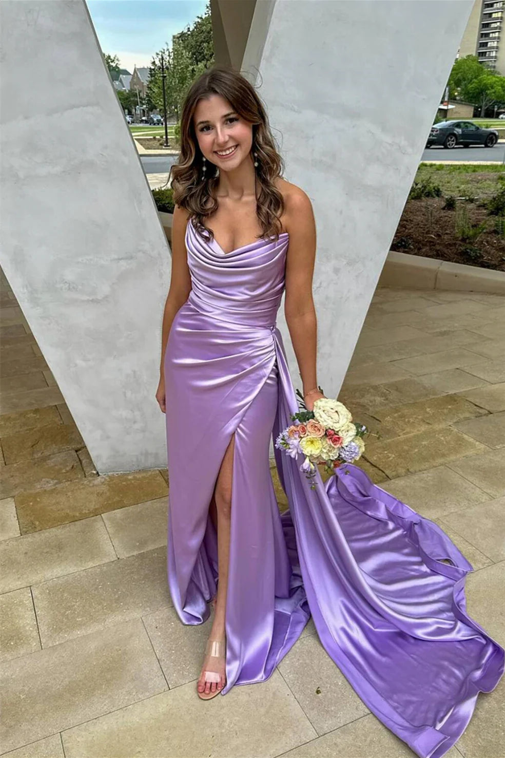 Strapless Lilac Ruched Fitted Long Unique Design Full Of Charm Prom Dresses