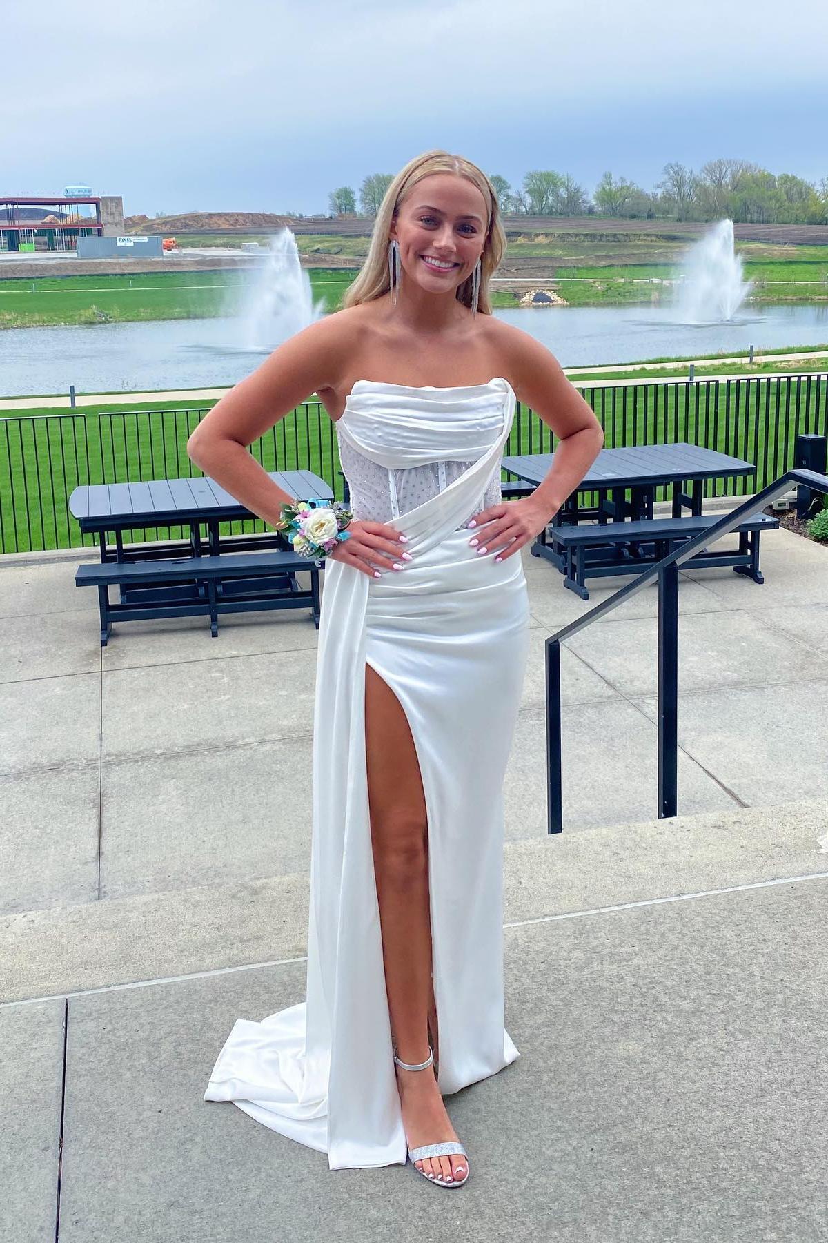 Strapless Pink High Slit Long Full Of Charm Prom Dresses