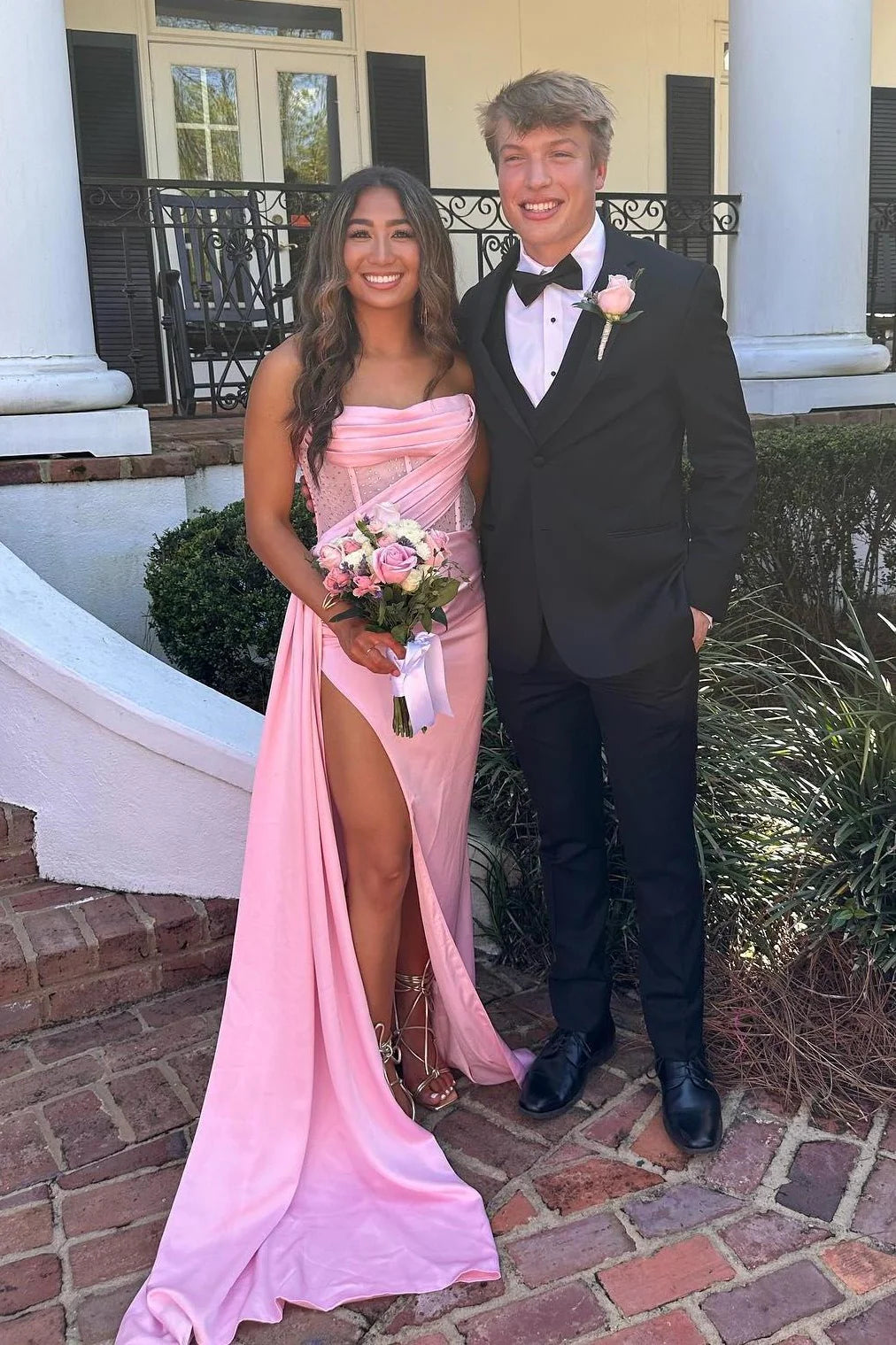 Strapless Pink High Slit Long Full Of Charm Prom Dresses