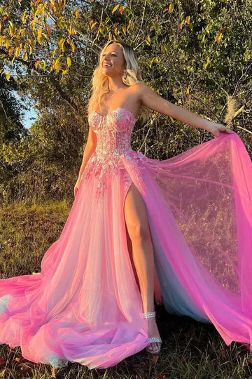Strapless Pink A-Line Appliques Tulle Prom Formal Dress