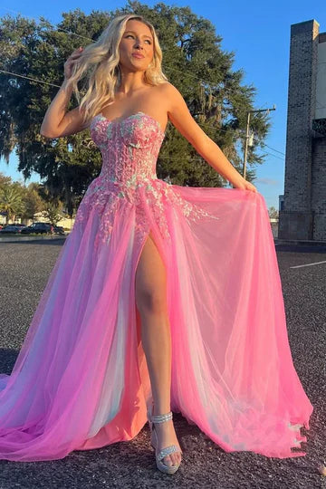 Strapless Pink A-Line Appliques Tulle Prom Formal Dress