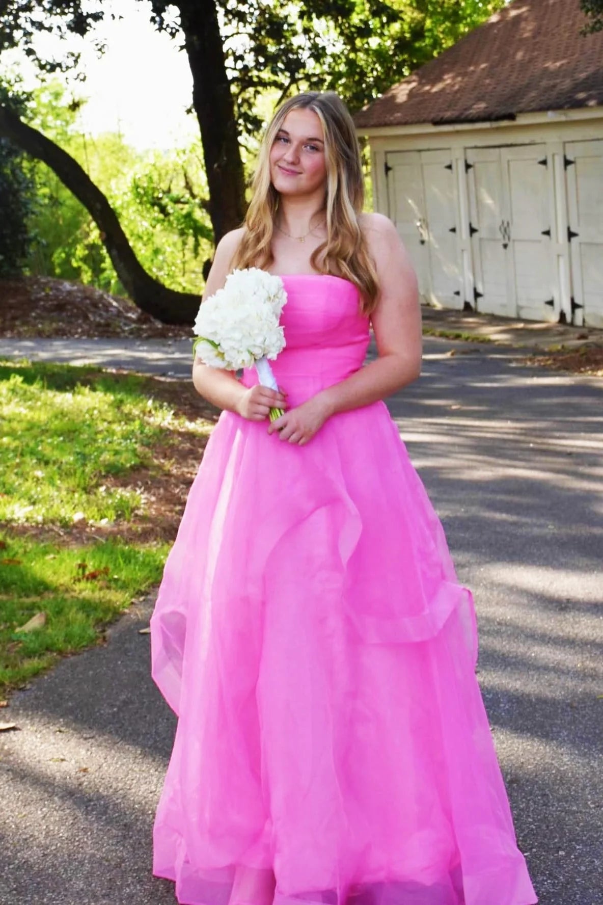 Strapless Pink Ruffled Hem A-line Long Full Of Charm Prom Dresses