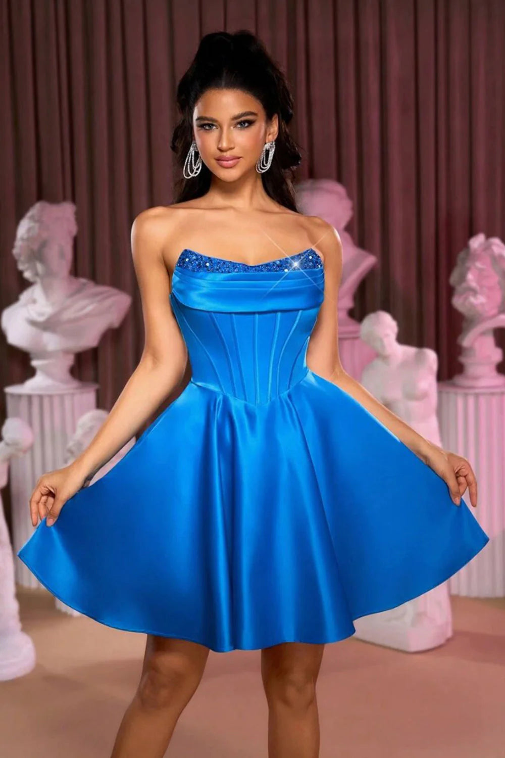 Strapless Royal Blue Corset A Line Cocktail Dress With Beading