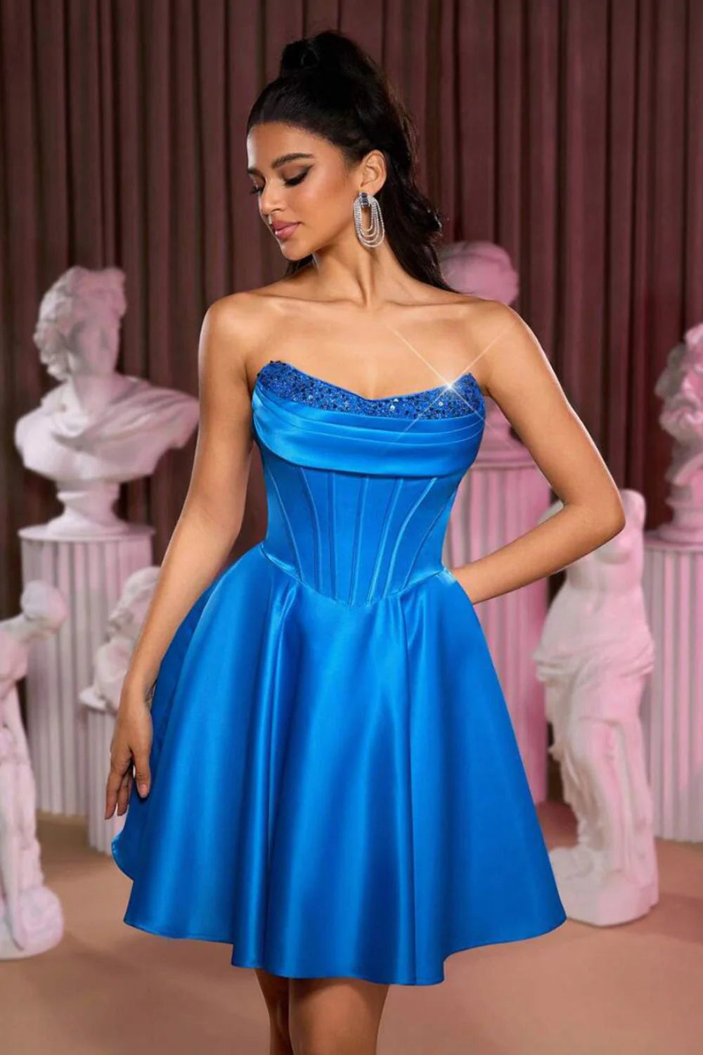 Strapless Royal Blue Corset A Line Cocktail Dress With Beading