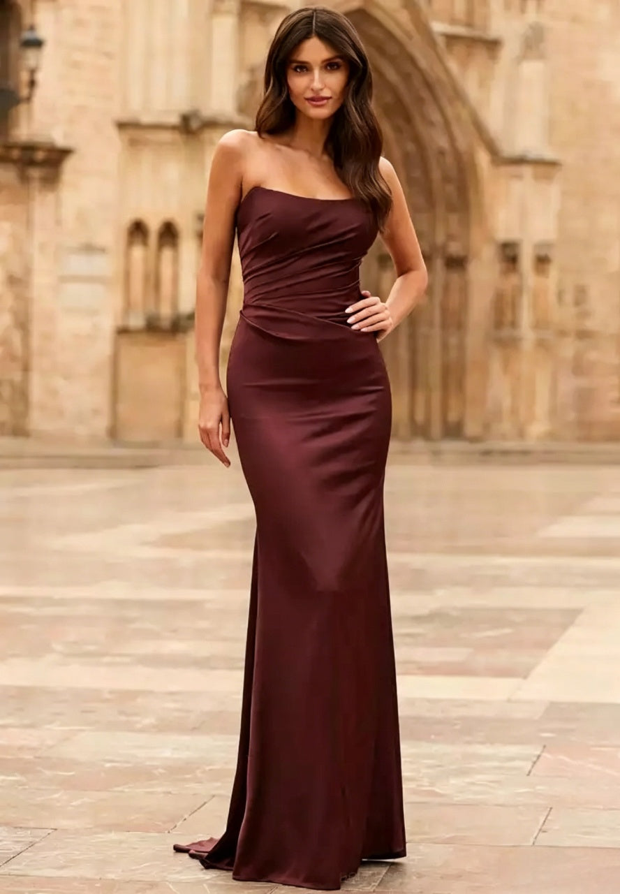 Strapless Ruched Bodice Corset Back Satin Mermaid Floor-Length Evening Dresses