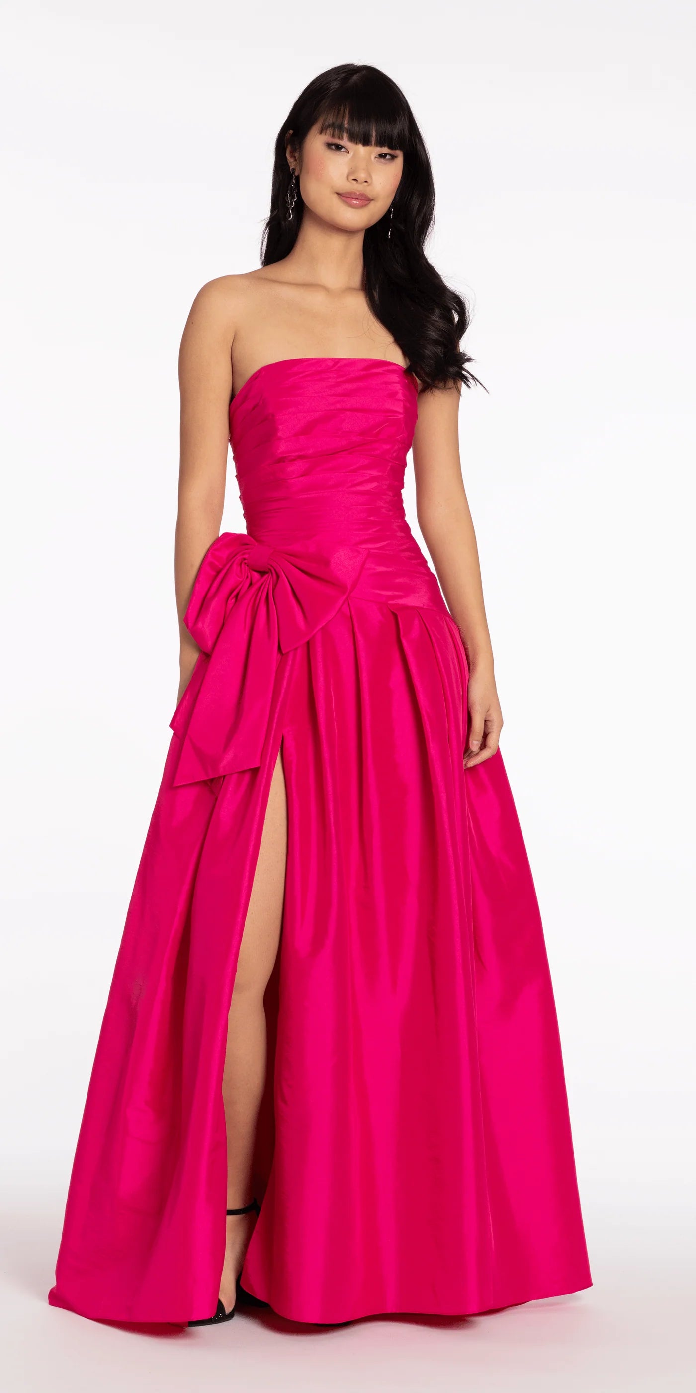 Strapless Ruched Bodice Satin Evening Dresses with Oversized Bow Accent and High Slit
