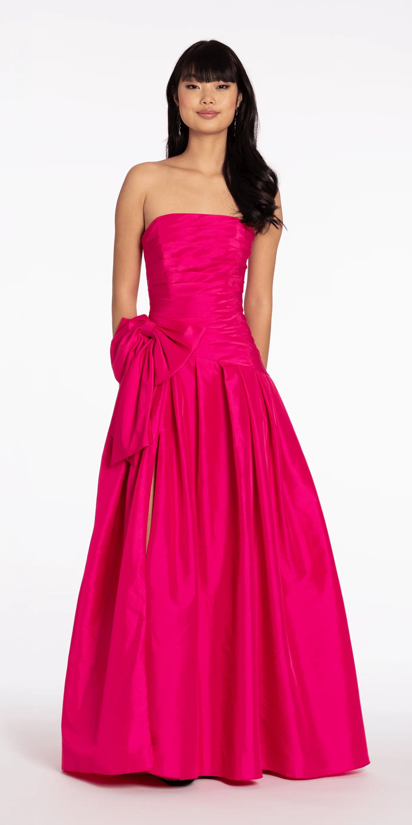 Strapless Ruched Bodice Satin Evening Dresses with Oversized Bow Accent and High Slit