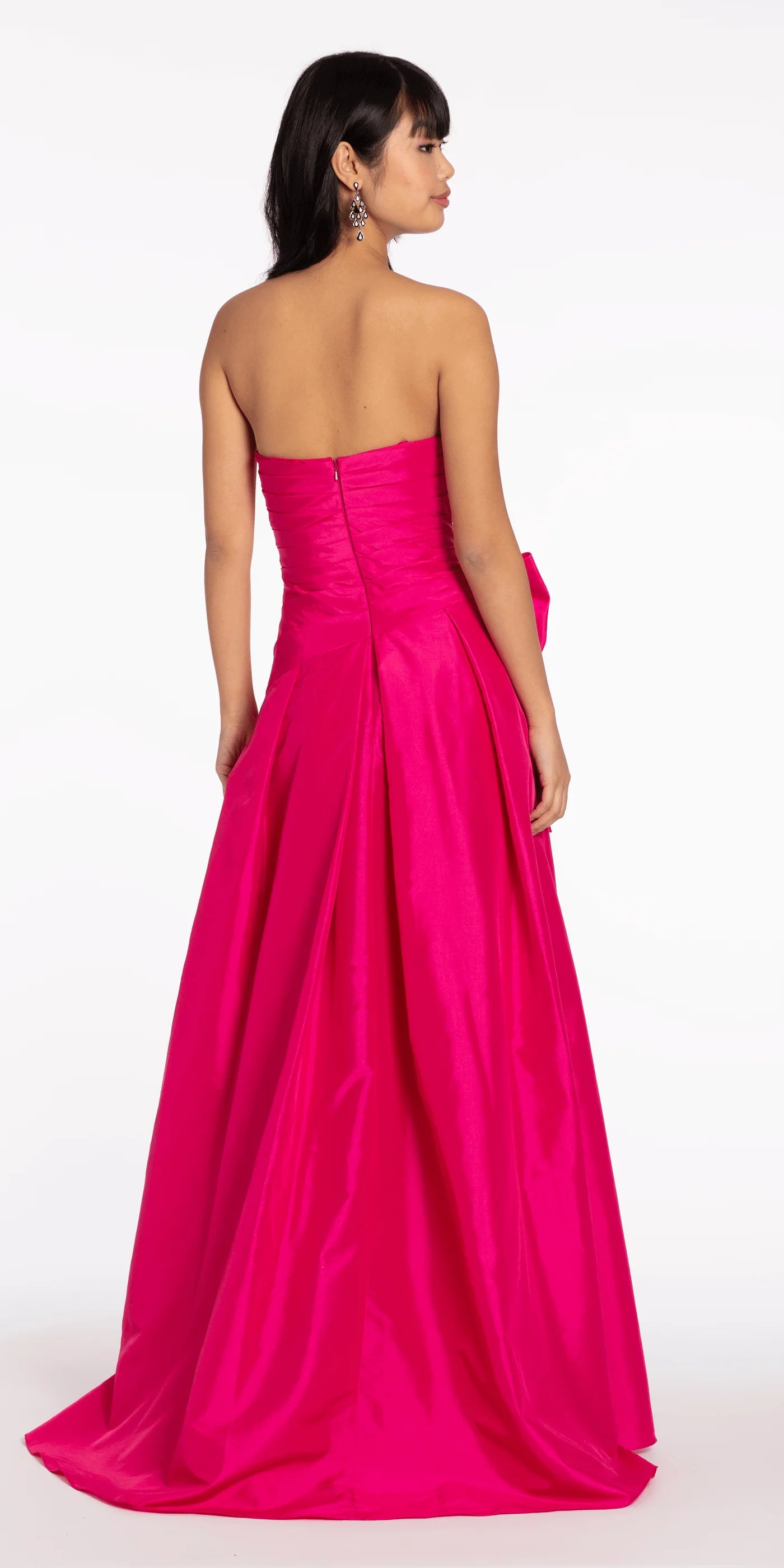 Strapless Ruched Bodice Satin Evening Dresses with Oversized Bow Accent and High Slit