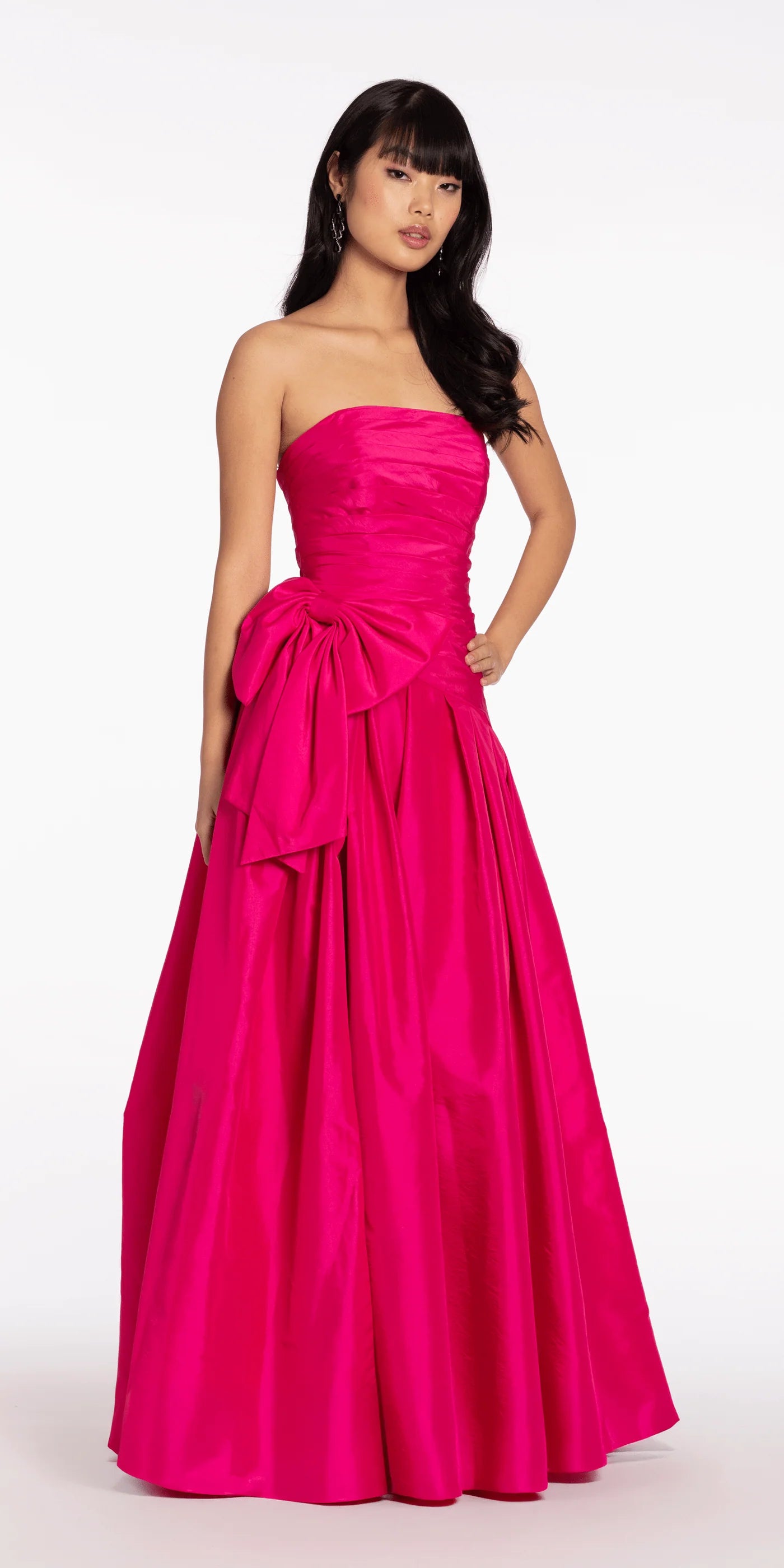 Strapless Ruched Bodice Satin Evening Dresses with Oversized Bow Accent and High Slit