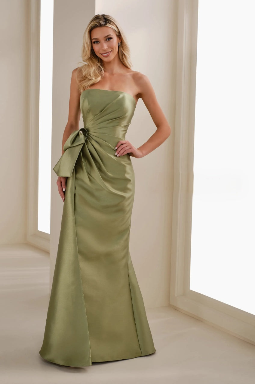 Strapless Satin Mermaid Floor Length Bow Accent Mother of the Bride Dress