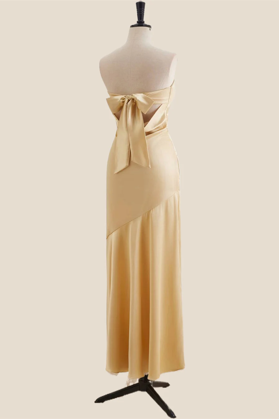 Strapless Satin Midi Asymmetric Bow-Back Bridesmaid Dress