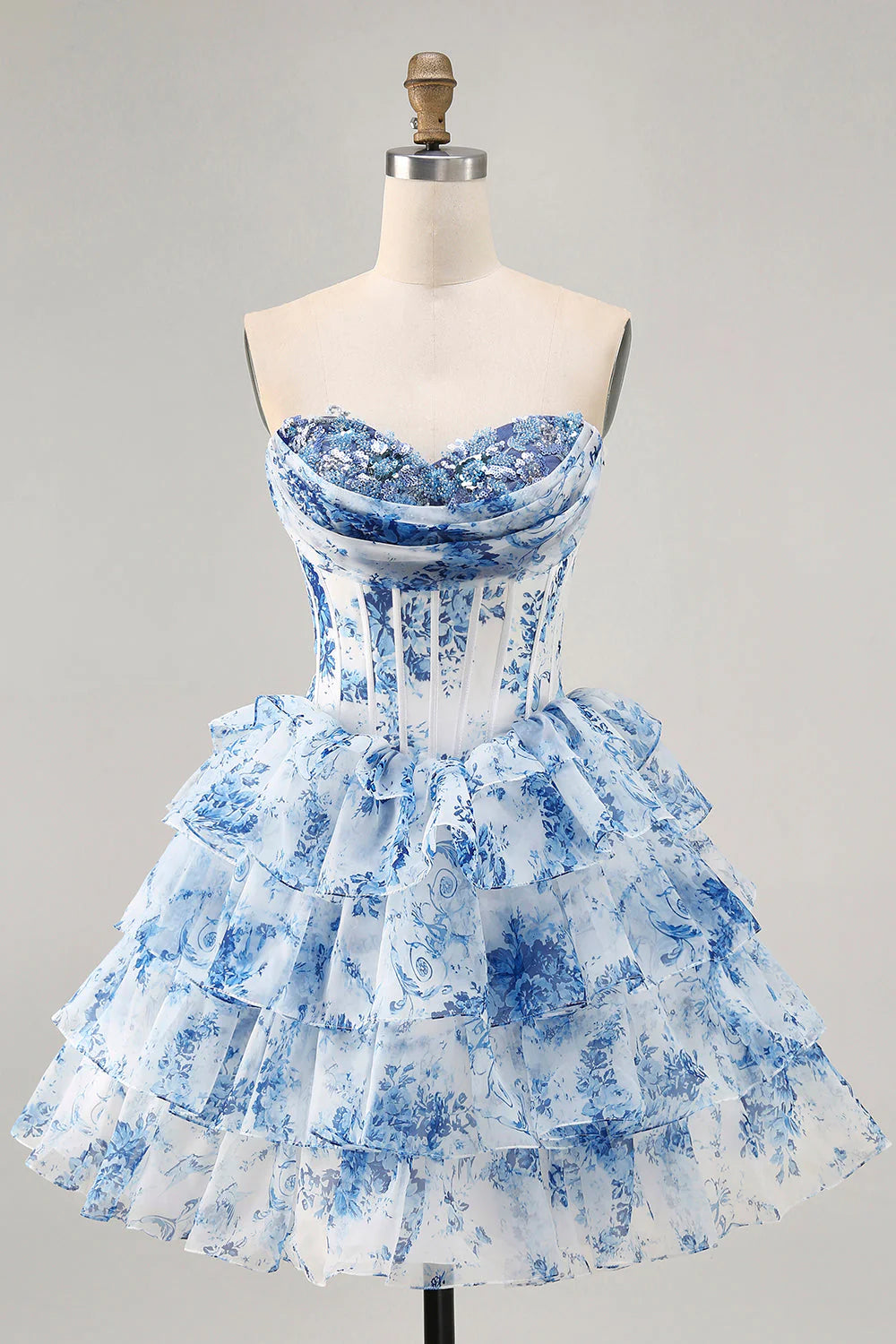 Strapless Sequins White Blue Flower Sequins Tiered A-Line Homecoming Dress