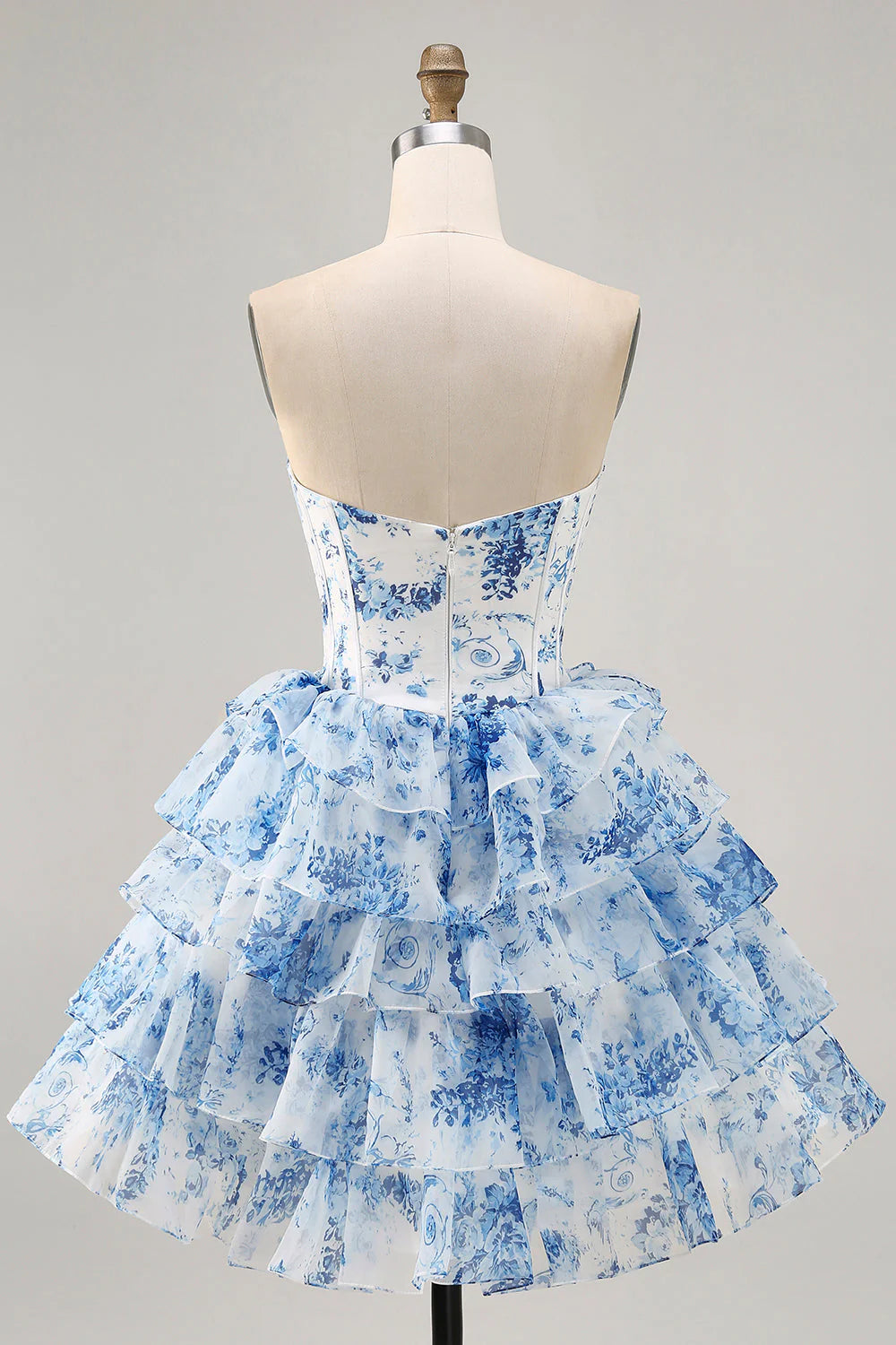 Strapless Sequins White Blue Flower Sequins Tiered A-Line Homecoming Dress
