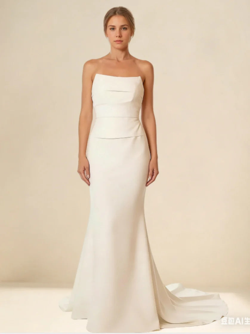 Strapless Straight-Neck Wedding Dress with Tiered Bodice & Lace-Up Back