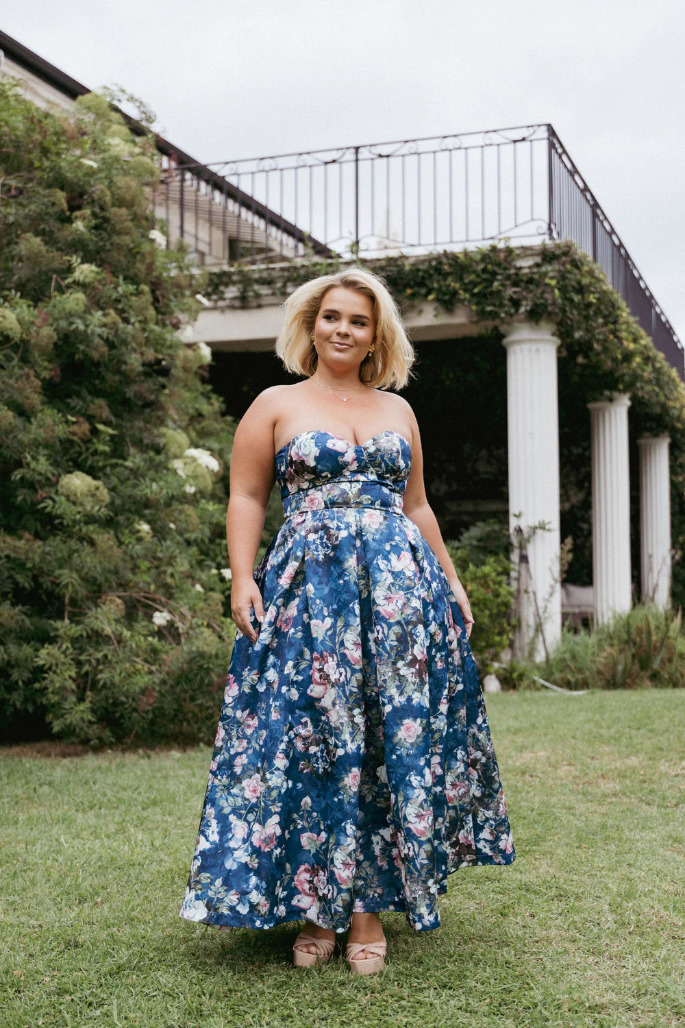 Strapless Sweetheart Floral Corset Lace-Up Back A-Line Midi Evening Dress