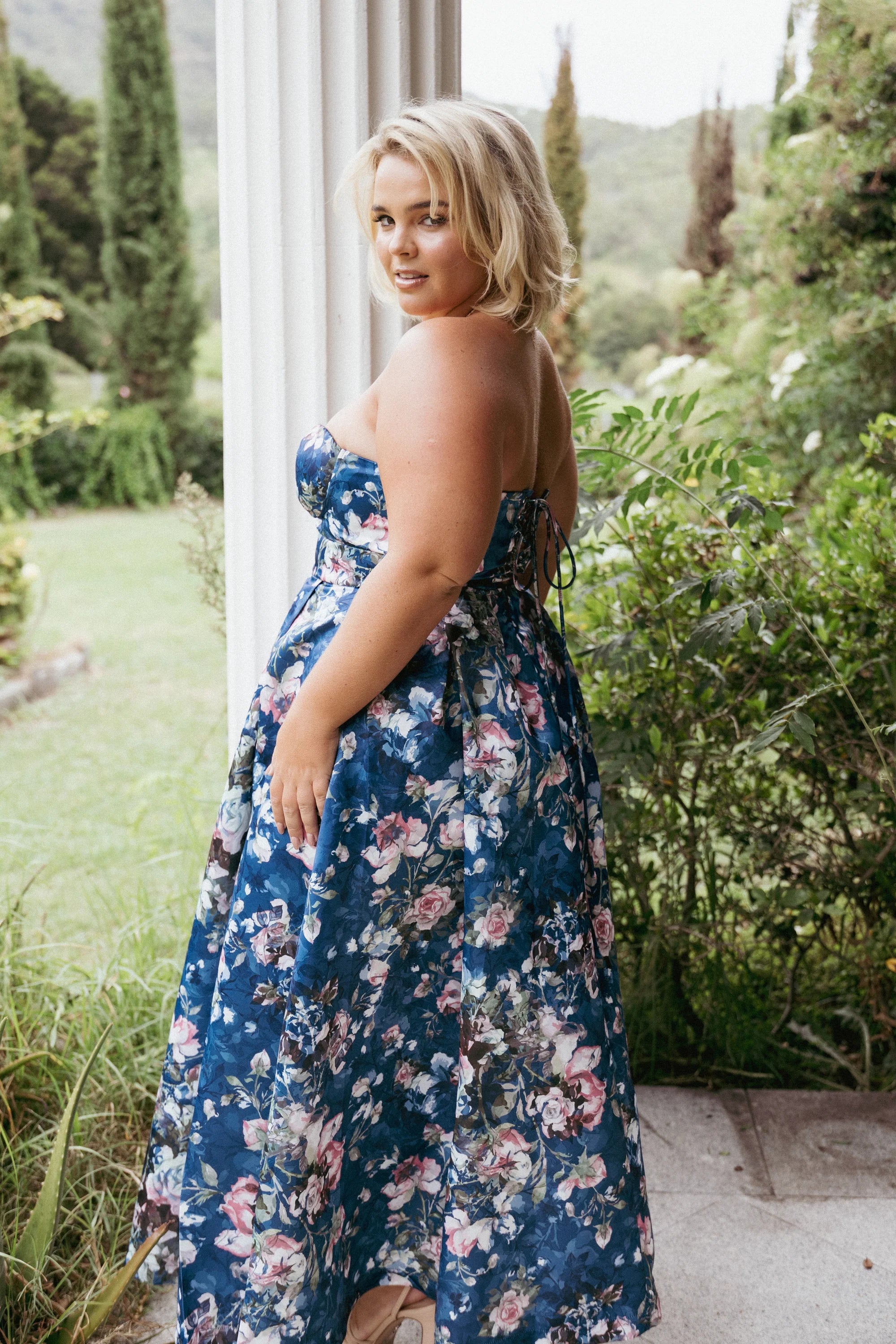 Strapless Sweetheart Floral Corset Lace-Up Back A-Line Midi Evening Dress