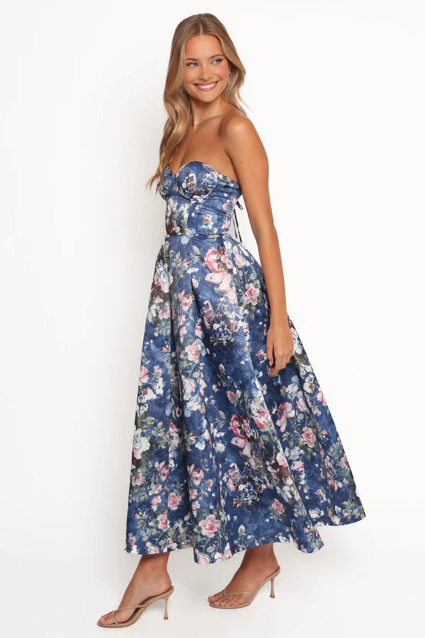Strapless Sweetheart Floral Corset Lace-Up Back A-Line Midi Evening Dress