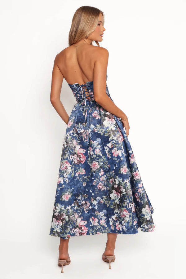 Strapless Sweetheart Floral Corset Lace-Up Back A-Line Midi Evening Dress