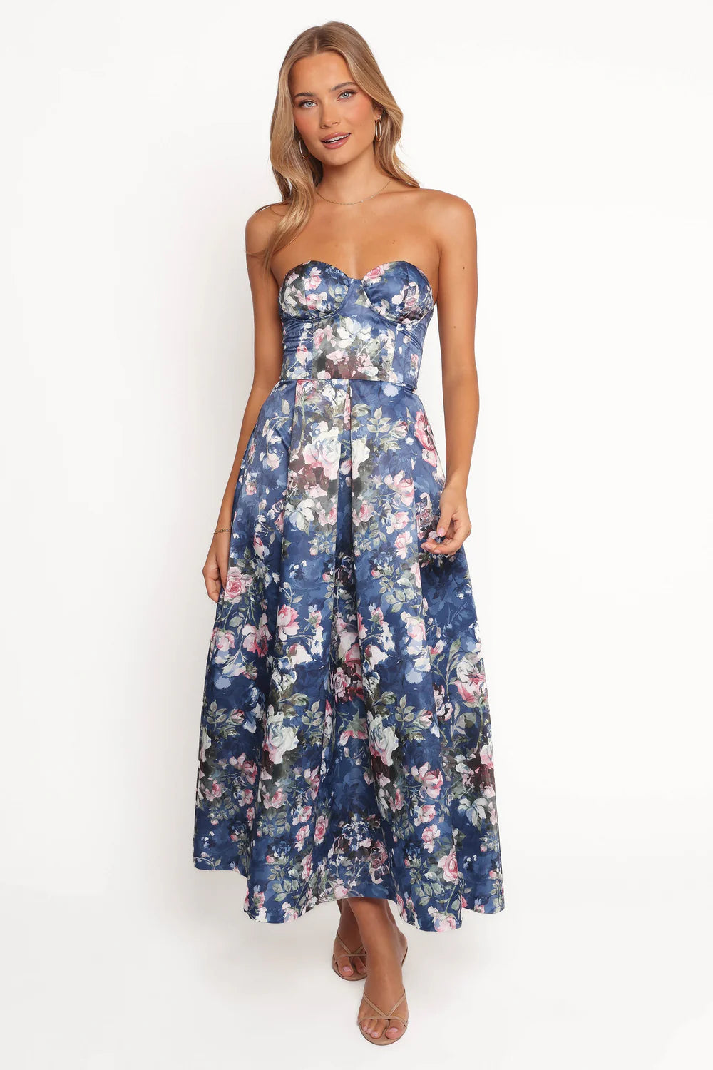 Strapless Sweetheart Floral Corset Lace-Up Back A-Line Midi Evening Dress