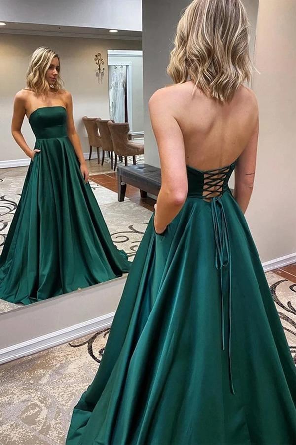 Strapless Sweetheart Lace-Up Back Satin A-Line Floor Length Formal Prom Dress