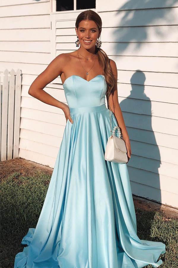 Strapless Sweetheart Lace-Up Back Satin A-Line Floor Length Formal Prom Dress