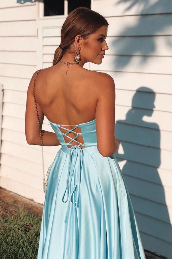 Strapless Sweetheart Lace-Up Back Satin A-Line Floor Length Formal Prom Dress