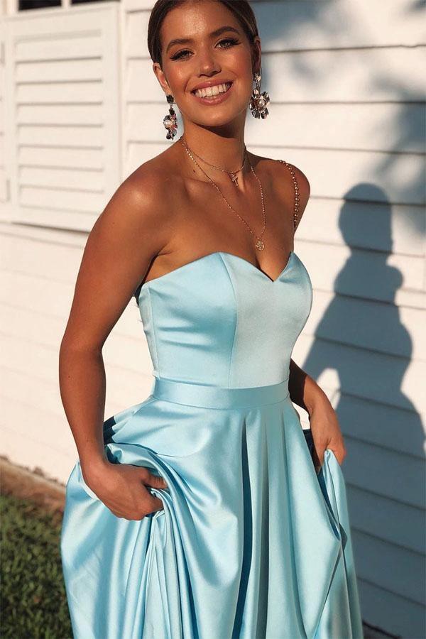 Strapless Sweetheart Lace-Up Back Satin A-Line Floor Length Formal Prom Dress