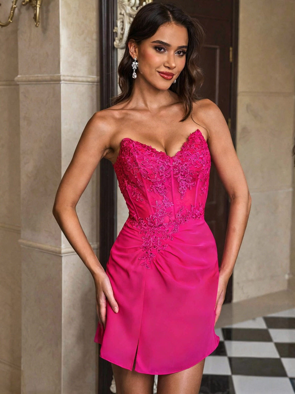 Strapless Sweetheart Lace Corset Ruched Slit Satin Short Homecoming Dresses