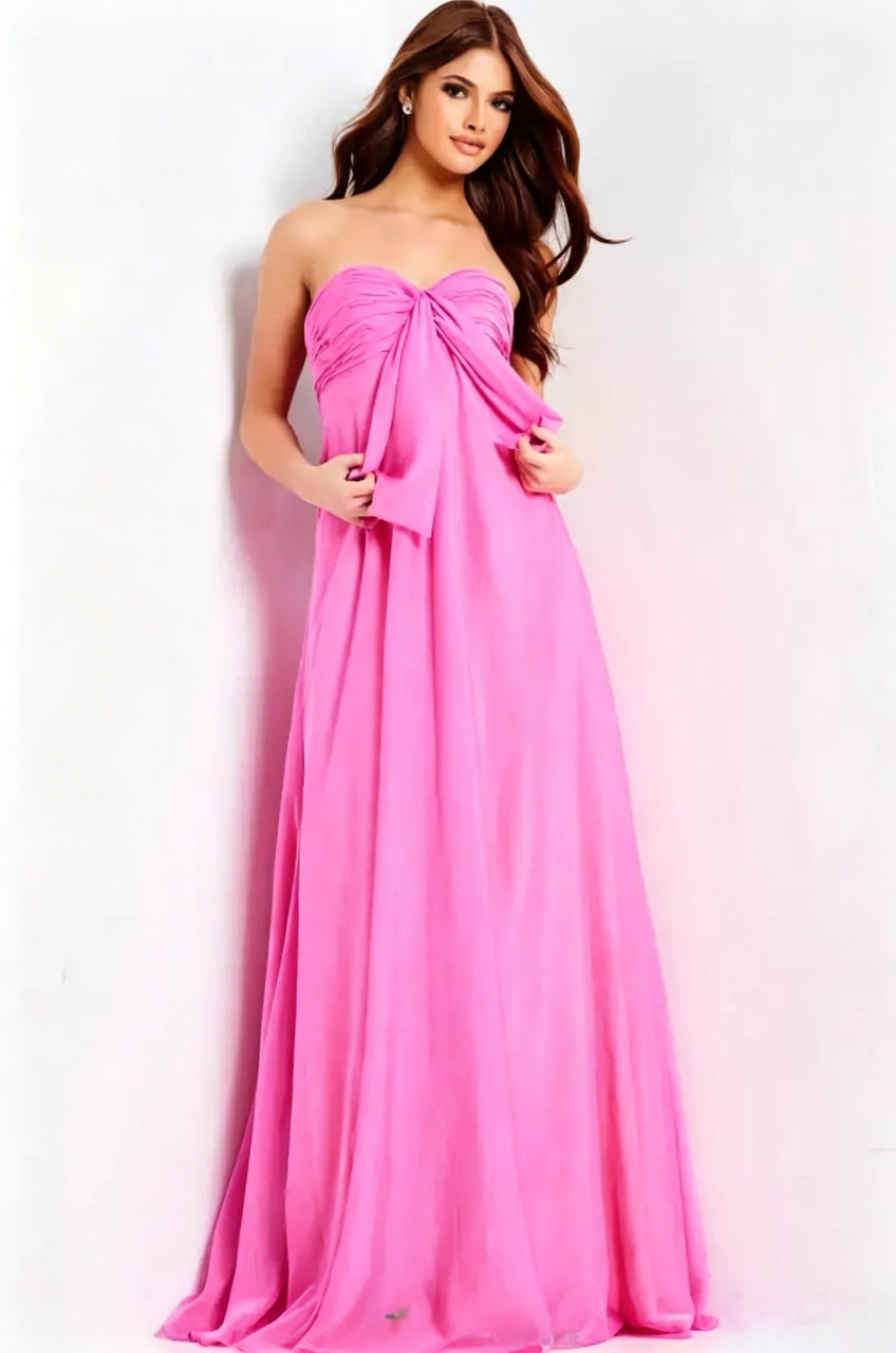 Strapless Sweetheart Ruched Bow Detail Chiffon A-Line Floor-Length Evening Dresses