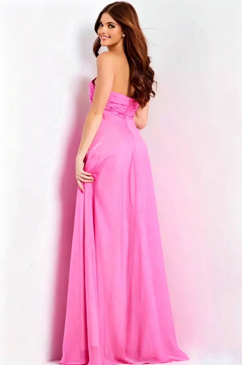 Strapless Sweetheart Ruched Bow Detail Chiffon A-Line Floor-Length Evening Dresses