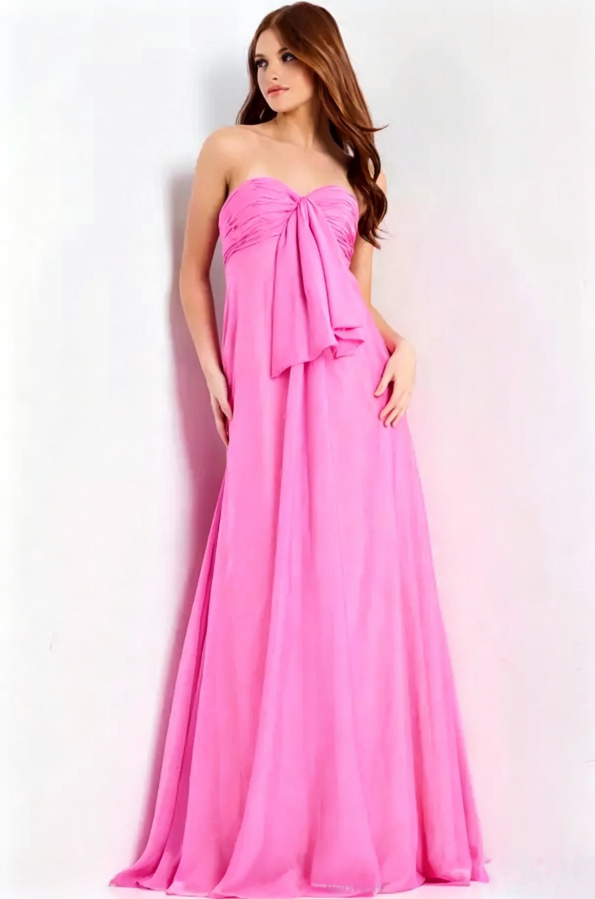 Strapless Sweetheart Ruched Bow Detail Chiffon A-Line Floor-Length Evening Dresses