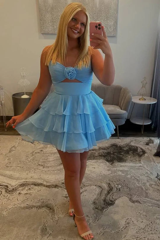 Strapless V-Neck A-Line Empire-Waist Layered Chiffon Homecoming Dress