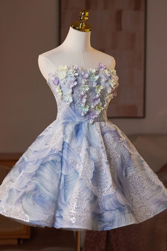 Strapless White and Blue Butterfly Sparkle Tulle Unique Design Full Of Charm Homecoming Dresses