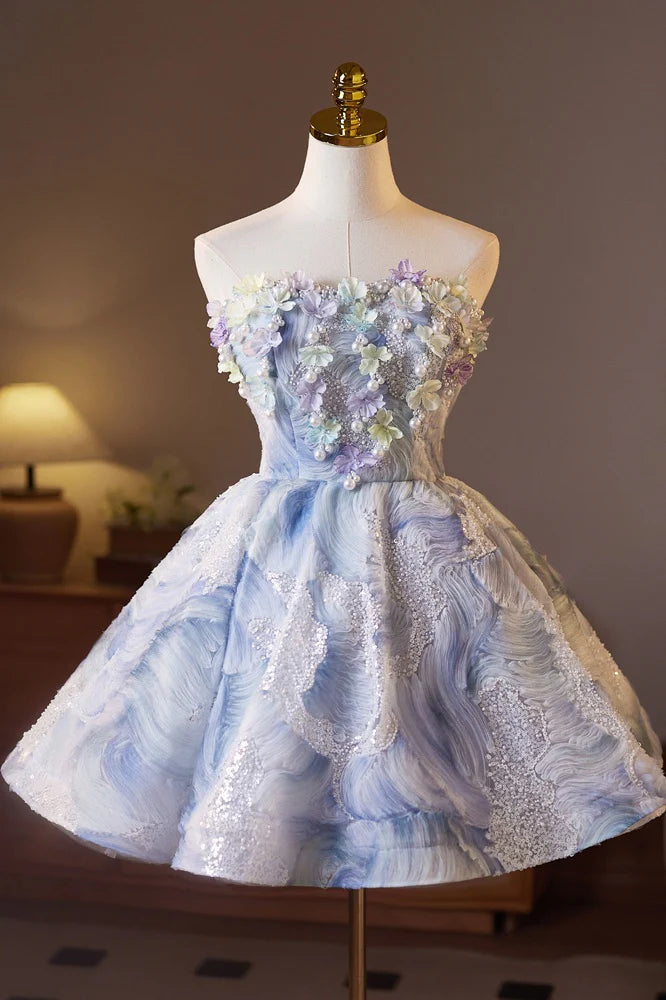 Strapless White and Blue Butterfly Sparkle Tulle Unique Design Full Of Charm Homecoming Dresses