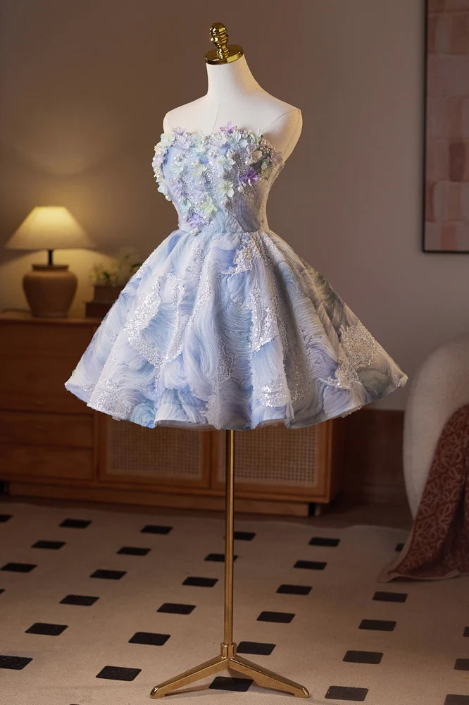 Strapless White and Blue Butterfly Sparkle Tulle Unique Design Full Of Charm Homecoming Dresses