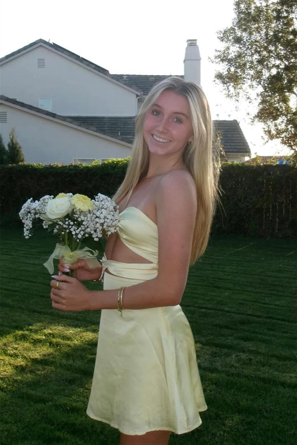 Strapless Yellow Double Twist A-line Short Unique Design Full Of Charm Homecoming Dresses