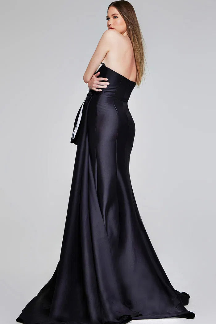 Strapless Evening Dress with Contrast Neckline, Oversized Bow Detail, High Slit and Train