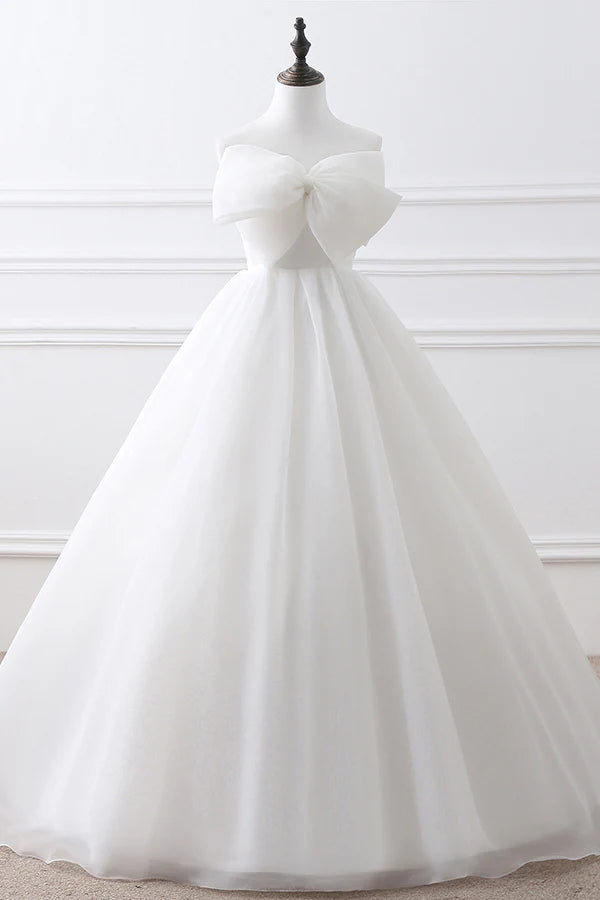 Strapless Organza Wedding Dresses with Oversized Front Bow, Lace-Up Corset Back and Voluminous Ball Gown Silhouette Bridal Gown
